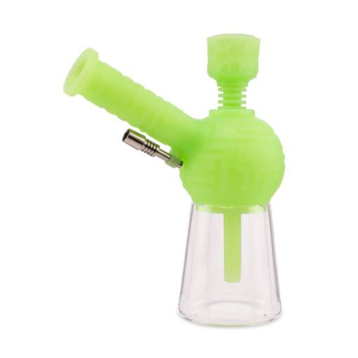 The Ooze Blaster Silicone Glass 4-in-1 Hybrid Water Pipe and Dab Straw is a compact, neon green silicone pipe with a glass base and side metal bowl, designed for versatile smoking experiences.