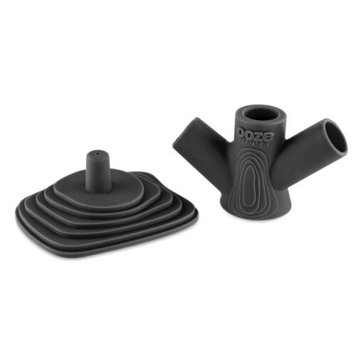 The Ooze Banger Hanger Silicone Banger Stand includes two black silicone pieces with grooved geometric patterns: a square base with a central peg and a Y-shaped insert labeled Ooze. Ideal for organizing your banger setup.