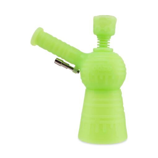 The Ooze Blaster Silicone Glass 4-in-1 Hybrid Water Pipe and Dab Straw is a compact, neon green piece with a round chamber, angled mouthpiece, and removable bowl—ideal for anyone seeking a durable dab straw alternative.