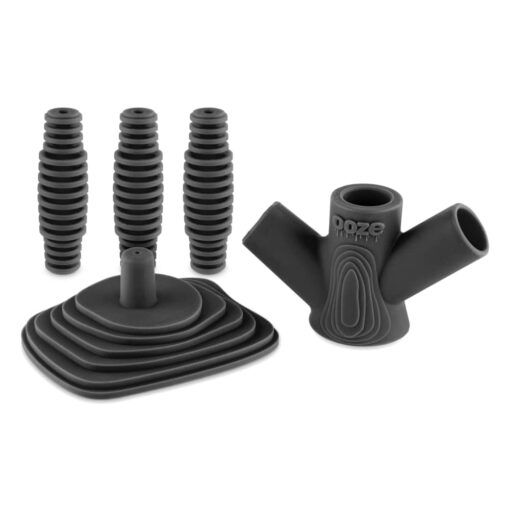 The Ooze Banger Hanger Silicone Banger Stand set includes three ribbed black silicone tubes, a stackable square base, and a labeled three-way connector—all with a modern, textured design.