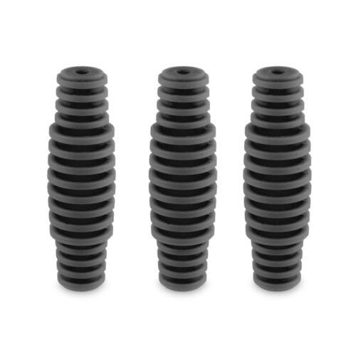 Three Ooze Banger Hanger Silicone Banger Stands in black are lined up upright, resembling accordion-style holders, on a white background.