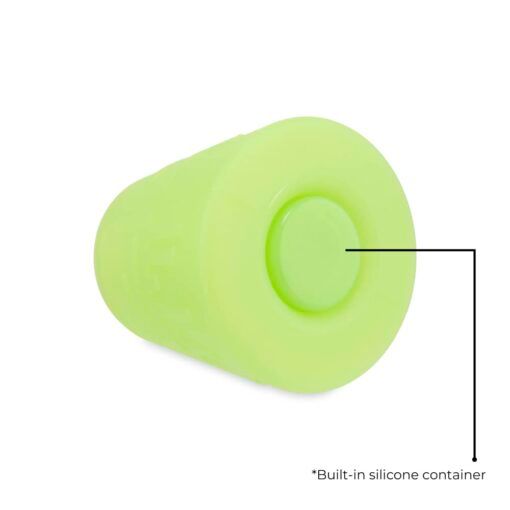 A small, light green cylindrical container with a circular top indentation includes a built-in silicone container, made for use with the Ooze Blaster Silicone Glass 4-in-1 Hybrid Water Pipe and Dab Straw.