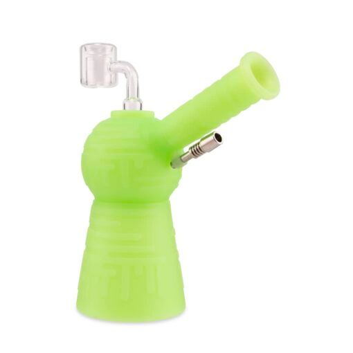 A neon green Ooze Blaster Silicone Glass 4-in-1 Hybrid Water Pipe and Dab Straw with a bulbous base, angled mouthpiece, clear glass bowl, and attached metal tool is displayed on a white background.