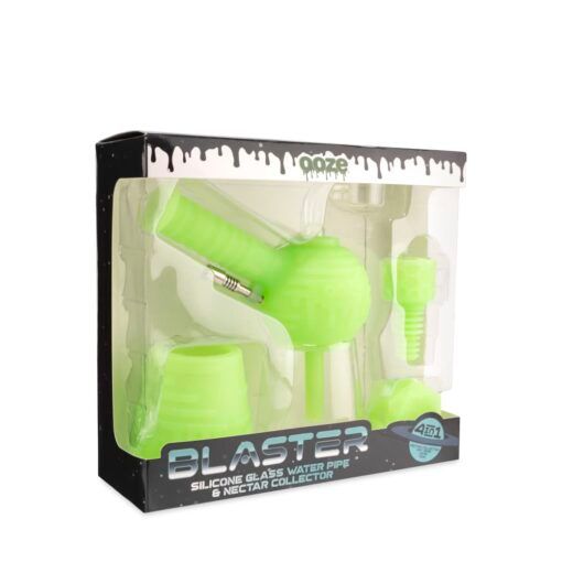 The Ooze Blaster Silicone Glass 4-in-1 Hybrid Water Pipe and Dab Straw comes in neon green packaging that displays the contents, with "4 in 1" shown on the lower right corner.