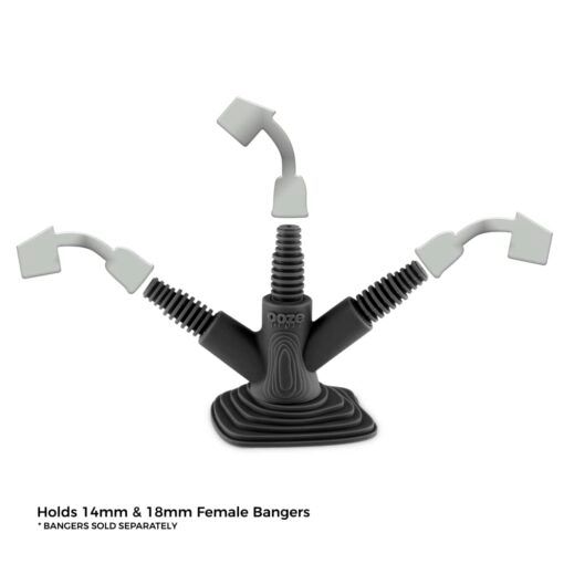 The Ooze Banger Hanger Silicone Banger Stand in black and gray features three flexible arms with gray connectors. Holds 14mm & 18mm female bangers (sold separately). Perfect for keeping your bangers organized and accessible.