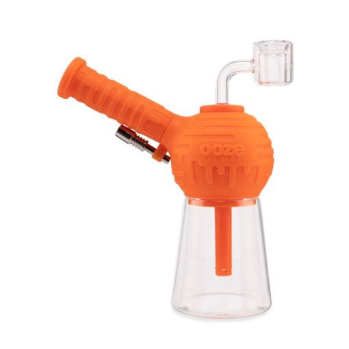 The Ooze Blaster Silicone Glass 4-in-1 Hybrid Water Pipe and Dab Straw features an orange and clear design, round chamber, angled mouthpiece, and small metal attachment—ideal for versatile smoking sessions.