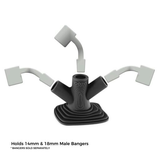 The Ooze Banger Hanger Silicone Banger Stand in black and gray features four angled arms for holding glass attachments. Bottom text: Holds 14mm & 18mm Male Bangers *BANGERS SOLD SEPARATELY.