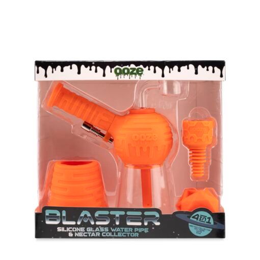 The Ooze Blaster Silicone Glass 4-in-1 Hybrid Water Pipe and Dab Straw boxed set features orange parts and comes in mostly clear packaging with black and green accents.