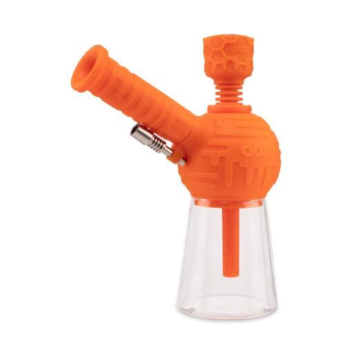 The Ooze Blaster Silicone Glass 4-in-1 Hybrid Water Pipe and Dab Straw features an orange, textured, cylindrical base, angled mouthpiece, side metal attachment, and geometric details for versatile use.