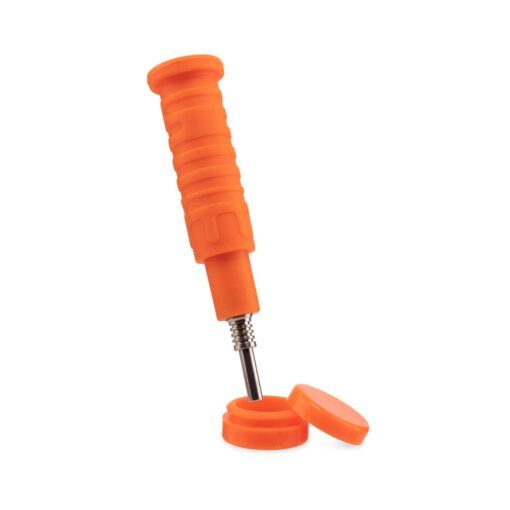 An orange handheld tire valve core removal tool with ridged grip and metal tip, shown with two orange valve caps—perfect for maintaining your Ooze Blaster Silicone Glass 4-in-1 Hybrid Water Pipe and Dab Straw accessories.