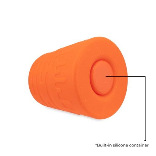 The Ooze Blaster Silicone Glass 4-in-1 Hybrid Water Pipe and Dab Straw features a bright orange, cone-shaped silicone container with textured sides, a circular lid, and a built-in storage—ideal for use with your dab straw or 4-in-1 setup.