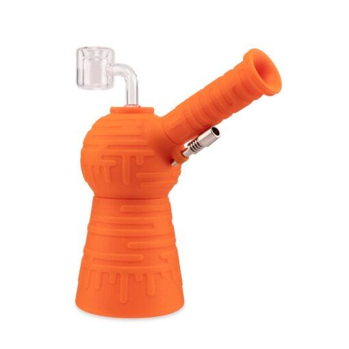 The Ooze Blaster Silicone Glass 4-in-1 Hybrid Water Pipe and Dab Straw is a bright orange piece with a bulbous base, drip-textured pattern, clear glass bowl, metal insert, and tilted neck. It’s shown on a white background.