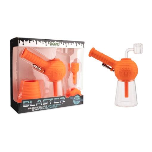 The Ooze Blaster Silicone Glass 4-in-1 Hybrid Water Pipe and Dab Straw is shown in orange, both inside its packaging and fully assembled outside the box. This versatile set functions as a water pipe and nectar collector.