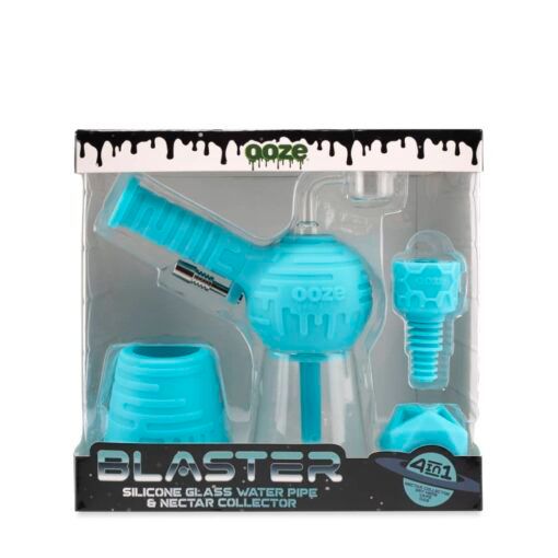 The Ooze Blaster Silicone Glass 4-in-1 Hybrid Water Pipe and Dab Straw set includes a water pipe, dab straw, cone, and modular parts—organized in plastic packaging.