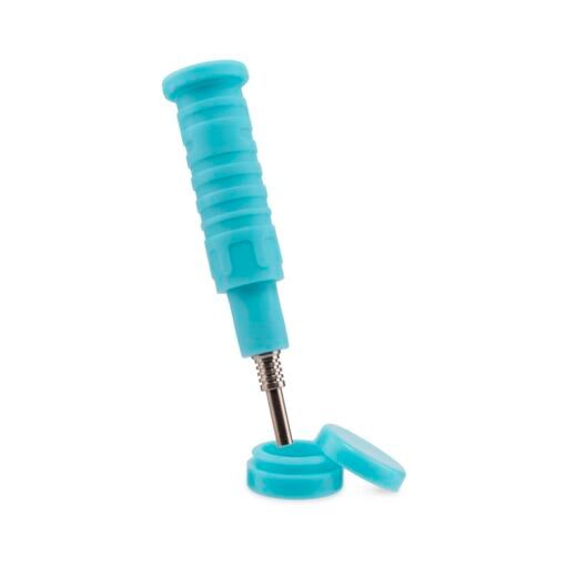 A blue plastic hand pump with a ribbed handle and metal nozzle, seen with its cap off, is perfect for the Ooze Blaster Silicone Glass 4-in-1 Hybrid Water Pipe and Dab Straw or as a versatile dab straw accessory.