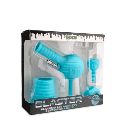The Ooze Blaster Silicone Glass 4-in-1 Hybrid Water Pipe and Dab Straw comes boxed in blue, with its contents visible through a packaging window.