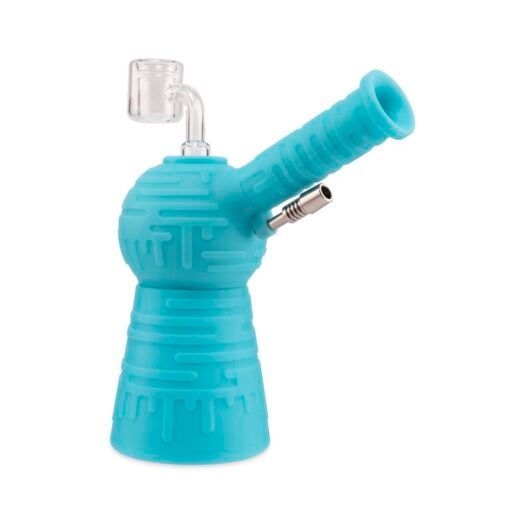 The Ooze Blaster Silicone Glass 4-in-1 Hybrid Water Pipe and Dab Straw features a blue, maze-textured silicone body, a clear glass bowl on top, and an angled side mouthpiece, all set against a plain white background.