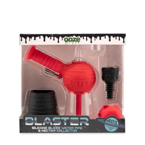The Ooze Blaster Silicone Glass 4-in-1 Hybrid Water Pipe and Dab Straw boxed set features a red pipe with black and red accessories, including a dab straw, all displayed in clear packaging.