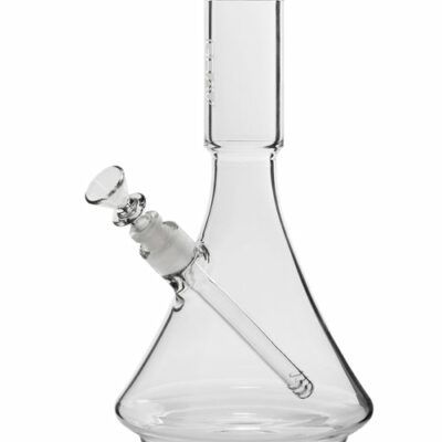 The GRAV® Large Deco Beaker Bong, featuring a clear design with a wide base, straight neck, and removable downstem, is displayed against a white background.