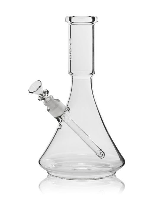 The GRAV® Large Deco Beaker Bong, featuring a clear design with a wide base, straight neck, and removable downstem, is displayed against a white background.