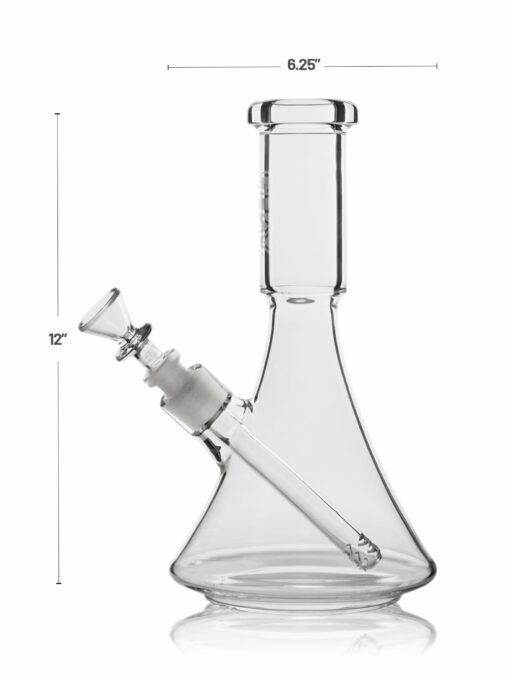 The GRAV® Large Deco Beaker Bong is made of clear glass with a straight neck, removable bowl and downstem, measuring 12" tall and 6.25" wide at the base. Height and width measurement lines are shown.