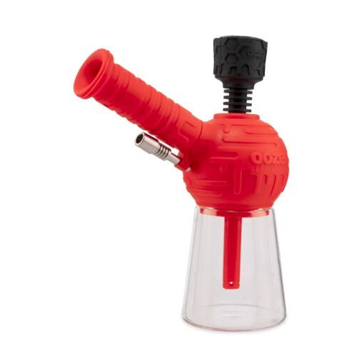 The Ooze Blaster Silicone Glass 4-in-1 Hybrid Water Pipe and Dab Straw is a red and black pipe with a wide base, angled mouthpiece, and metal bowl, expertly designed for smoking.