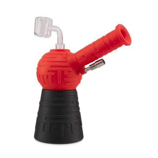 The Ooze Blaster Silicone Glass 4-in-1 Hybrid Water Pipe and Dab Straw features a red and black design with a round base, angled mouthpiece, glass bowl, metal side piece, and textured patterns for an eye-catching look.