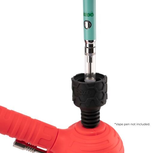 Close-up of a green vape pen in the Ooze Blaster Silicone Glass 4-in-1 Hybrid Water Pipe and Dab Straw. "Vape pen not included." appears at the bottom right, showcasing this versatile hybrid accessory.