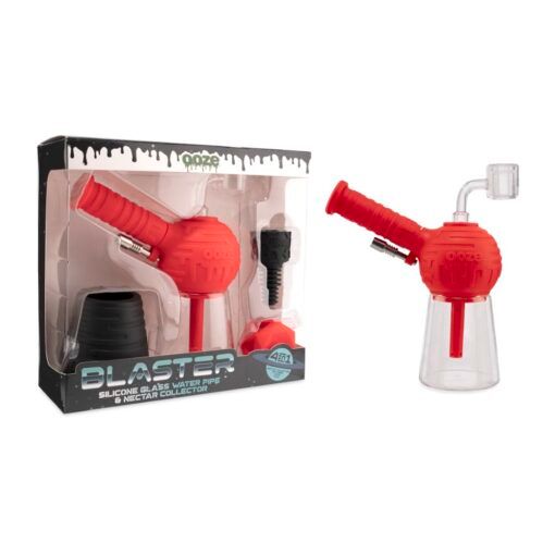 The Ooze Blaster Silicone Glass 4-in-1 Hybrid Water Pipe and Dab Straw is shown assembled on the right and packaged with its accessories in a box on the left.