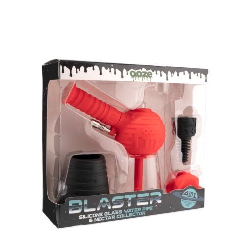 The Ooze Blaster Silicone Glass 4-in-1 Hybrid Water Pipe and Dab Straw set includes a red pipe with black and red accessories, perfect for both smoking and nectar collection.
