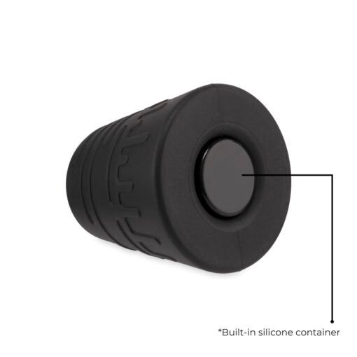 The Ooze Blaster Silicone Glass 4-in-1 Hybrid Water Pipe and Dab Straw is a black, cylindrical silicone piece featuring a textured grip and a labeled built-in compartment on one end, shown against a white background.