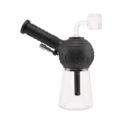 The Ooze Blaster Silicone Glass 4-in-1 Hybrid Water Pipe and Dab Straw features a sleek black and transparent design with a textured silicone top, angled mouthpiece, and side glass bowl—ideal for versatile smoking.