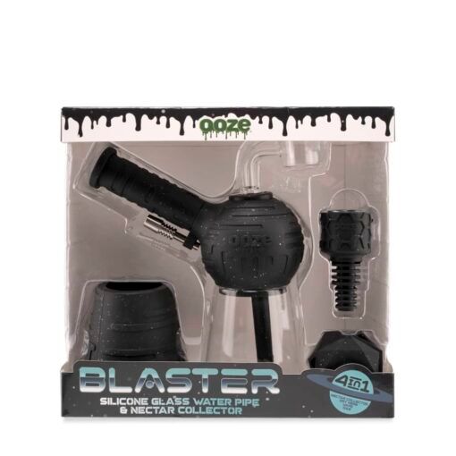 The Ooze Blaster Silicone Glass 4-in-1 Hybrid Water Pipe and Dab Straw comes in a box with a dripping design, featuring a black silicone glass pipe and dab straw—both with multiple detachable parts—for versatile use.
