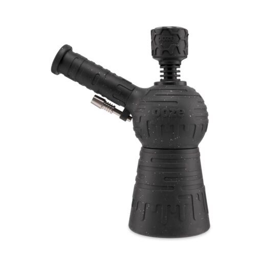 The Ooze Blaster Silicone Glass 4-in-1 Hybrid Water Pipe and Dab Straw is a black pipe with a spherical chamber, angled mouthpiece, textured surface, an embossed ooze logo, and a side bowl piece for versatile use.