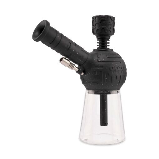 The Ooze Blaster Silicone Glass 4-in-1 Hybrid Water Pipe and Dab Straw features a black and clear silicone body with white speckles, a spherical chamber, angled mouthpiece, metal bowl, and transparent cylindrical base.