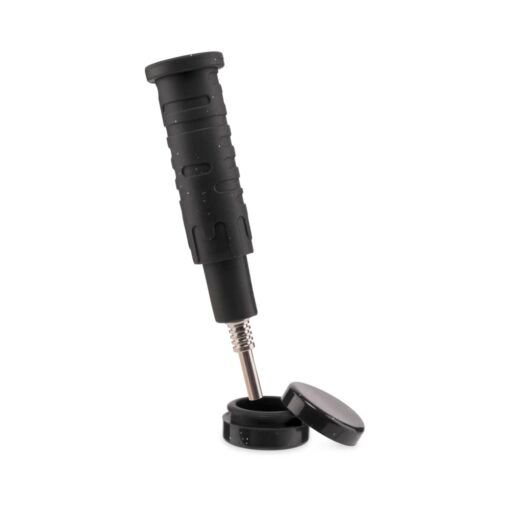 The Ooze Blaster Silicone Glass 4-in-1 Hybrid Water Pipe and Dab Straw, a black handheld device with a cylindrical grip and metal rod between two round caps, is shown on a white background.