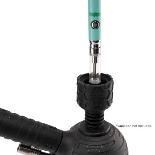 A close-up of the Ooze Blaster Silicone Glass 4-in-1 Hybrid Water Pipe and Dab Straw, shown in black with a green vape pen inserted. Text on the image reads, “*Vape pen not included.”.