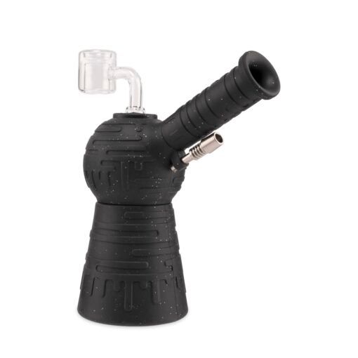 The Ooze Blaster Silicone Glass 4-in-1 Hybrid Water Pipe and Dab Straw is a black, geometric-textured piece featuring a slanted mouthpiece and clear glass bowl attachment.
