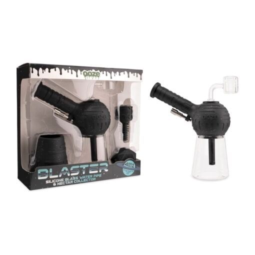 The Ooze Blaster Silicone Glass 4-in-1 Hybrid Water Pipe and Dab Straw is shown in its box and fully assembled, featuring black and clear components for versatile use as both a water pipe and dab straw.