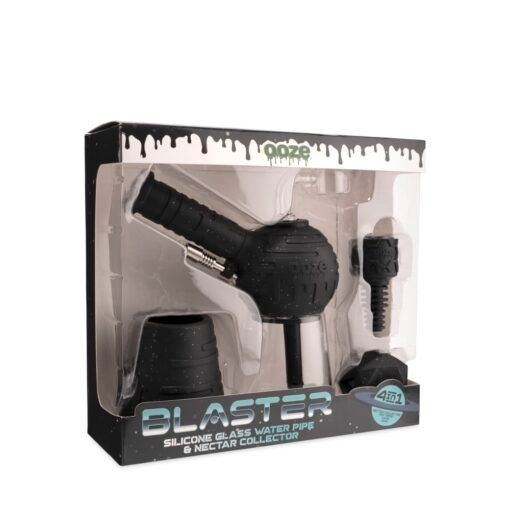 The Ooze Blaster Silicone Glass 4-in-1 Hybrid Water Pipe and Dab Straw, shown in a clear-front box with detachable parts, functions as both a water pipe and dab straw for versatile use.