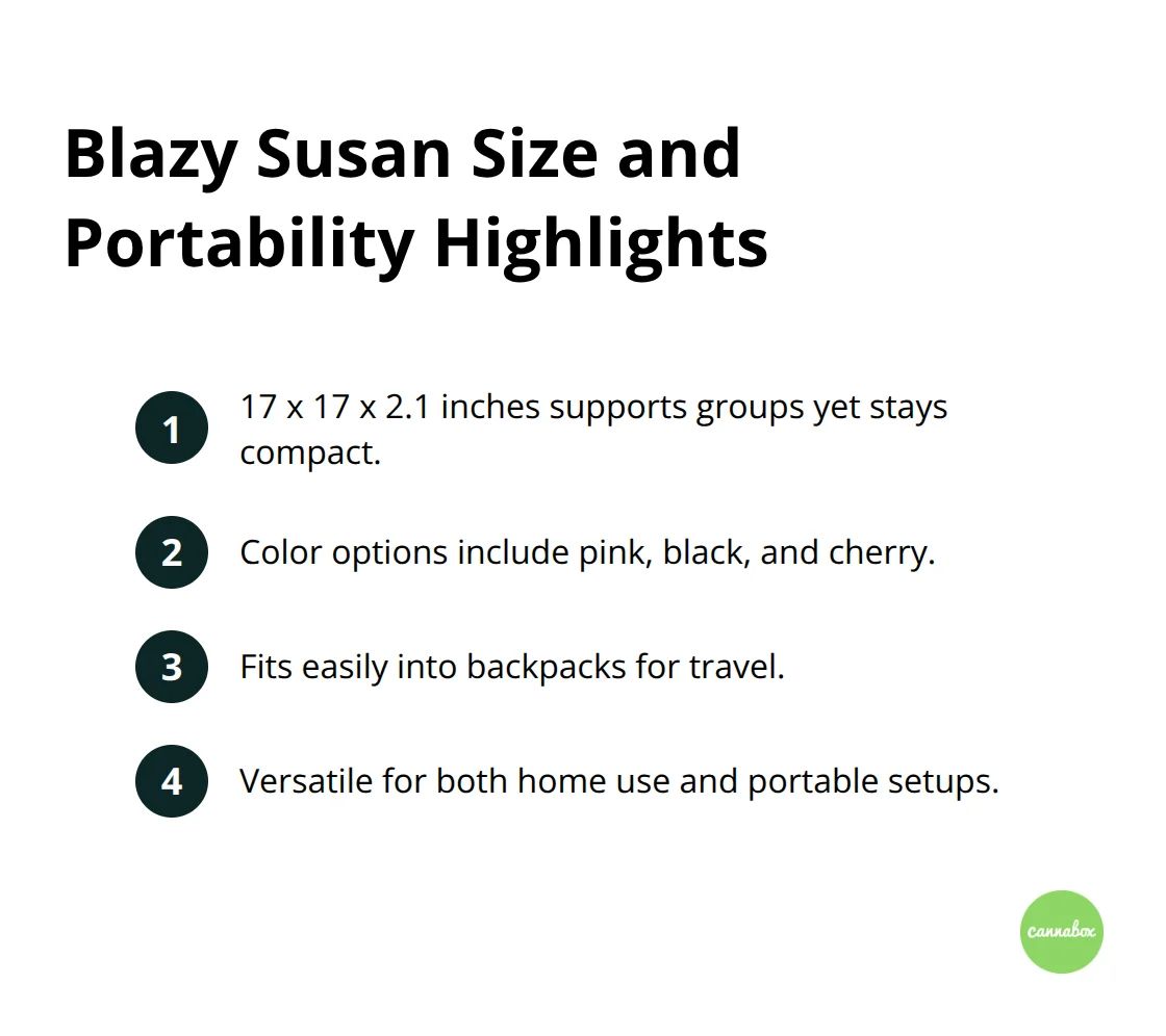 Compact ordered list summarizing size, portability, and versatility of Blazy Susan trays