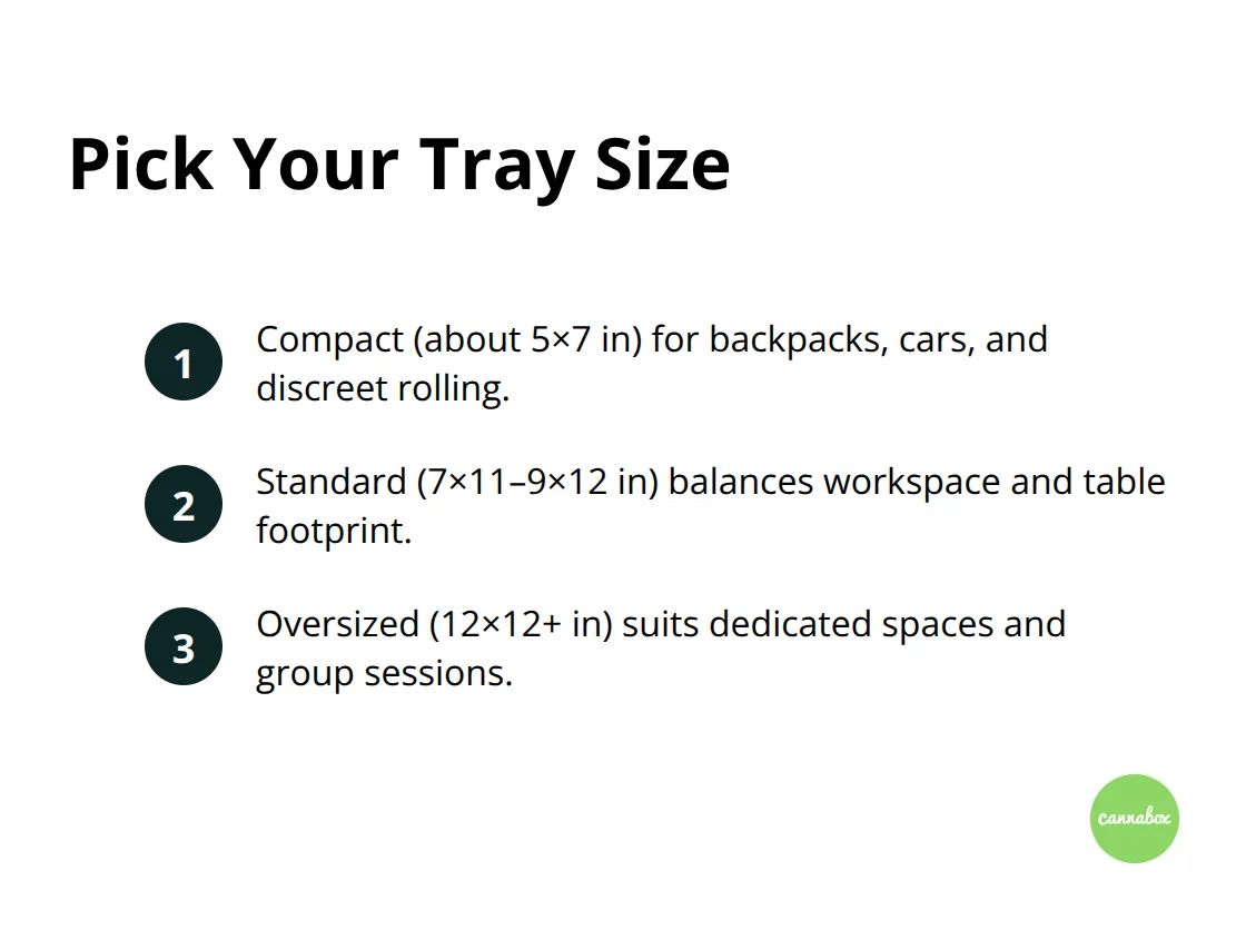 Compact guide to rolling tray sizes and when to use each.
