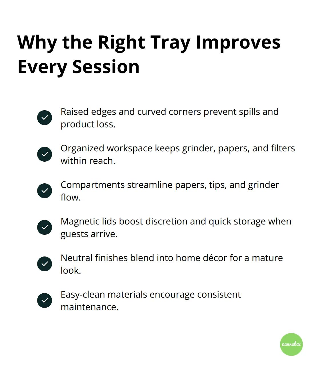Checklist of rolling tray features that reduce waste, add organization, and increase discretion. - weed rolling tray