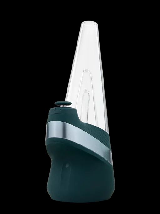 A modern, sleek black and silver Puffco Peak vaporizer with a transparent, conical glass top, shown against a plain black background.