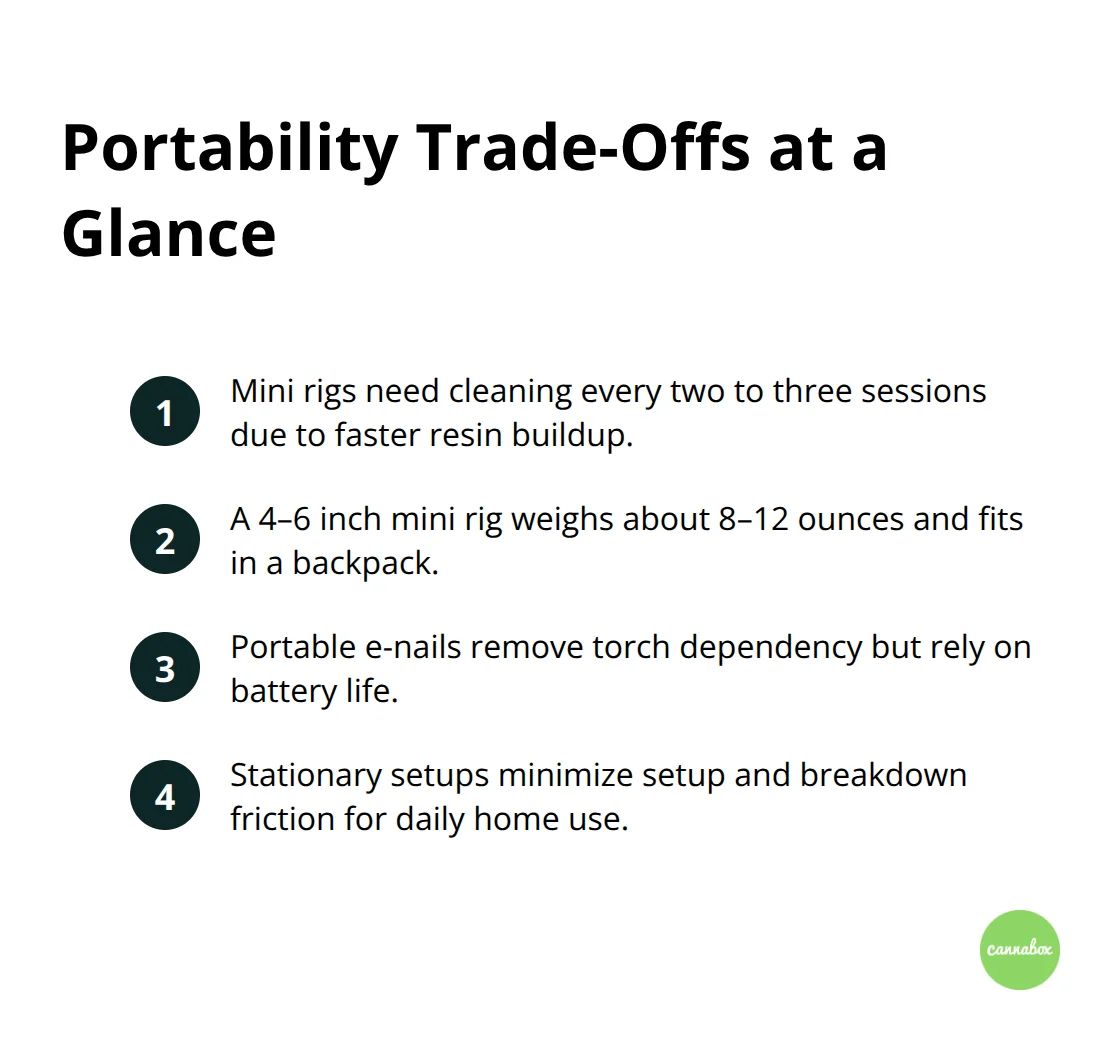 Compact list summarizing mini rig size, cleaning cadence, portable e-nail batteries, and stationary convenience.