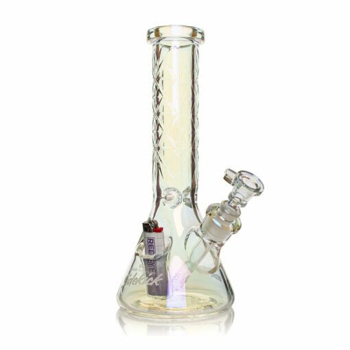 The Gear Premium 12" Sidekick Beaker (Terminator Finish) Water Pipe features clear glass with subtle iridescence, a textured neck, angled mouthpiece, side bowl, lighter storage in the base, and an eye-catching Terminator Finish.