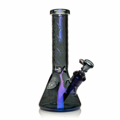 The Gear Premium 12" Sidekick Beaker (Terminator Finish) Water Pipe features a textured neck, straight mouthpiece, and angled bowl attachment, with a dark reflective design shown on a white background with purple and blue highlights.