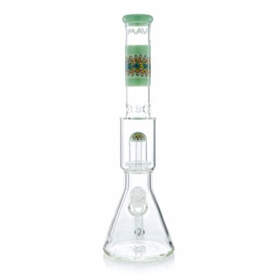 The Wig Wag Reversal UFO Wide Beaker is a clear, wide beaker-style bong featuring a mint green mouthpiece, colorful wig wag accents, and a central reversal UFO percolator chamber.