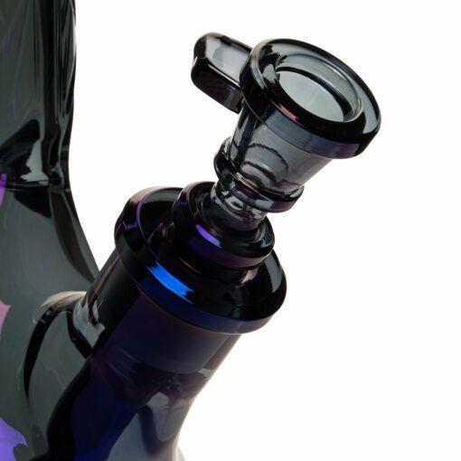 Close-up of the Gear Premium 12" Sidekick Beaker (Terminator Finish) Water Pipe, showcasing its removable bowl and dark iridescent, reflective surfaces against a white background.