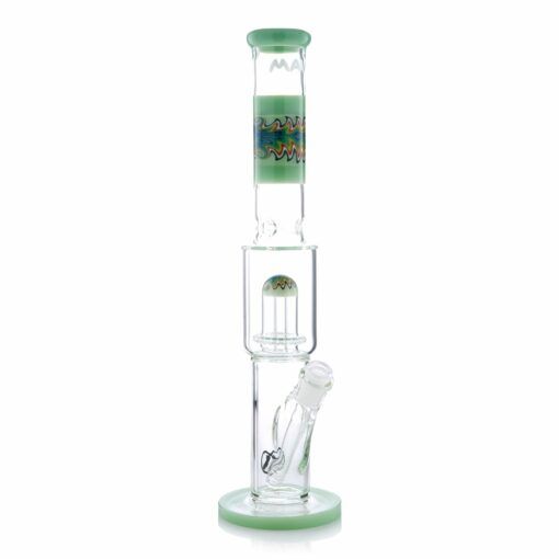 The Wig Wag Reversal UFO Straight is a clear glass water pipe with green accents, a cylindrical body, a percolator, and a vibrant Wig Wag pattern in the middle, standing upright on a flat base.